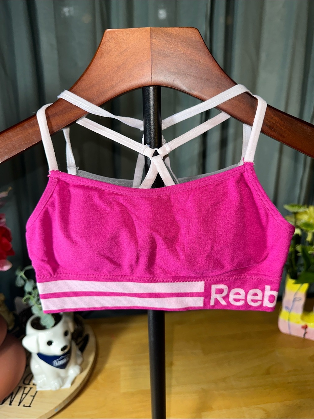 Reebok Hot Pink Strappy Sports Bra with White Accents B226